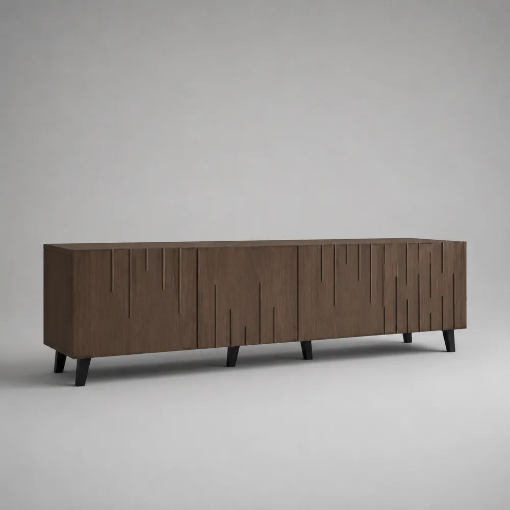 Mobile TV in MDF effetto noce marrone con 4 ante e gambe in metallo struttura rettangolare 240 x 40 x 50 cm