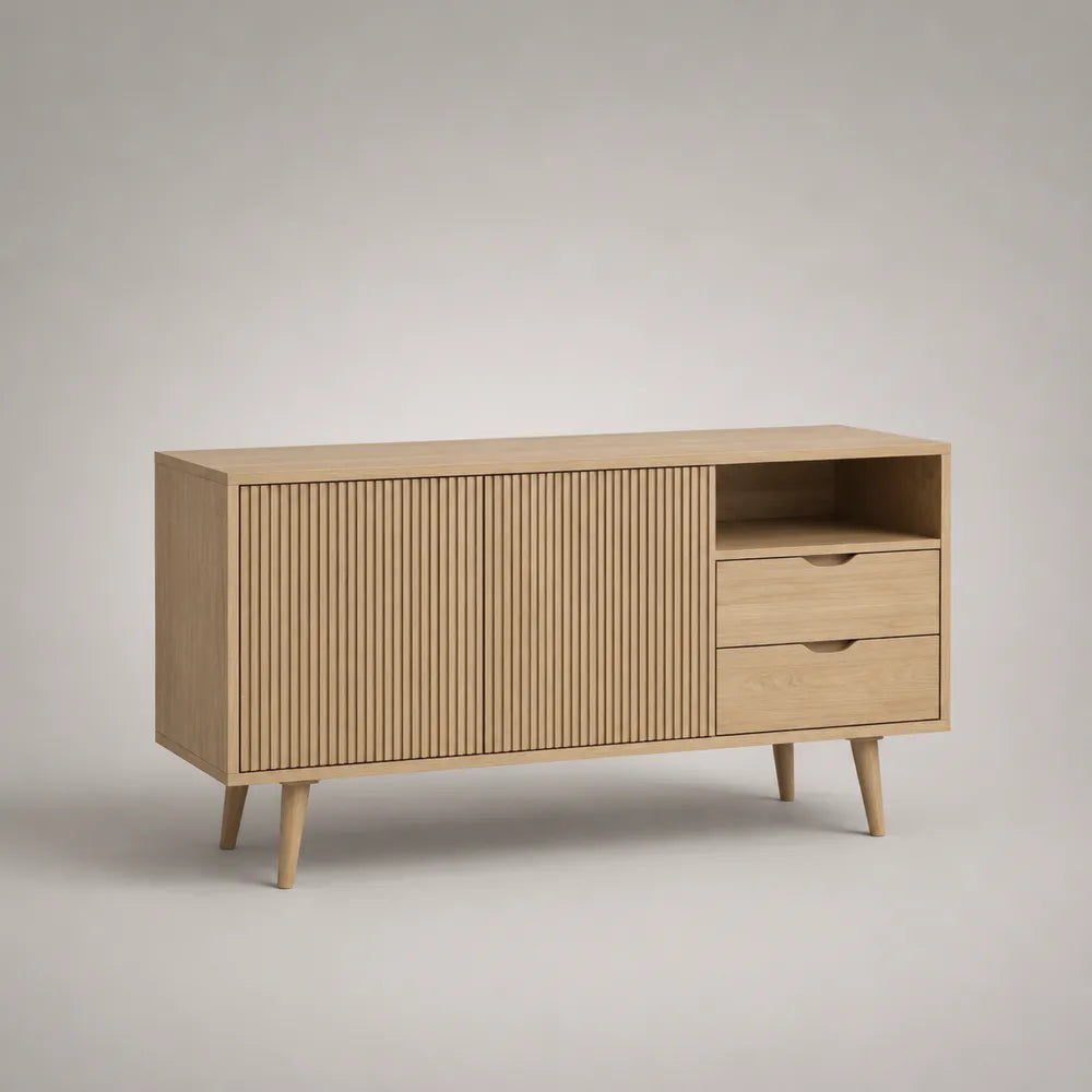 Mobile TV rettangolare in MDF rovere chiaro con anta cassetti e vano aperto 180x40x60 cm