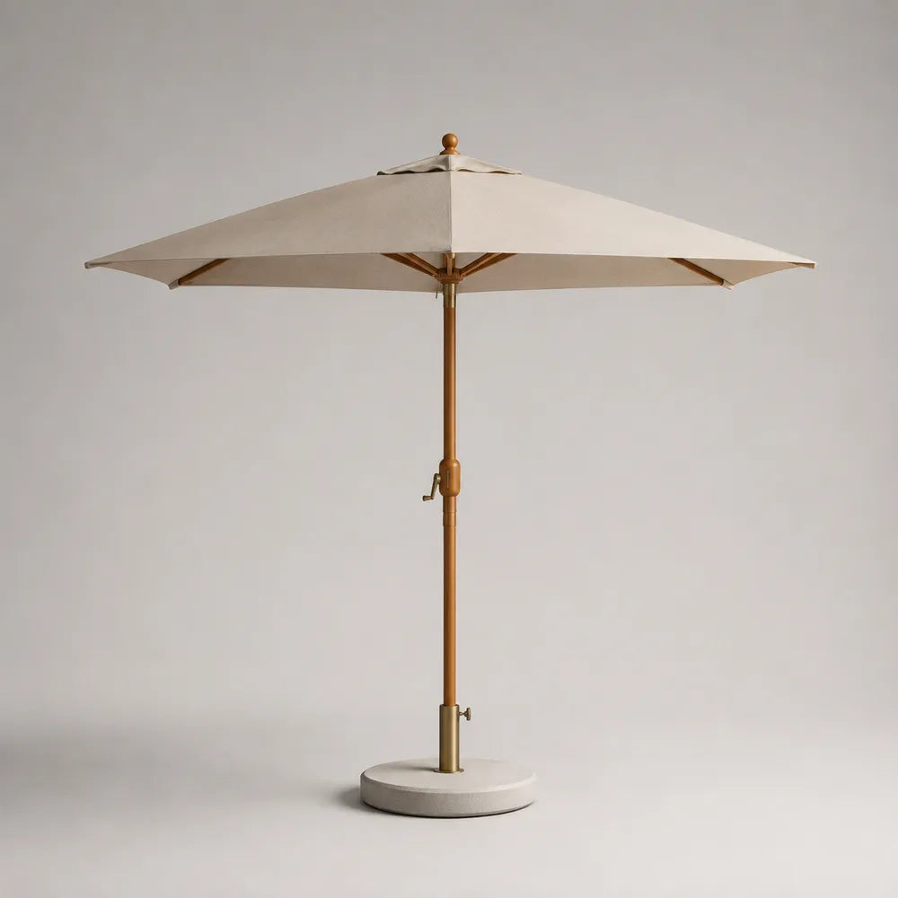 Ombrellone da giardino rotondo in poliestere beige con struttura in legno e base in cemento 300 cm