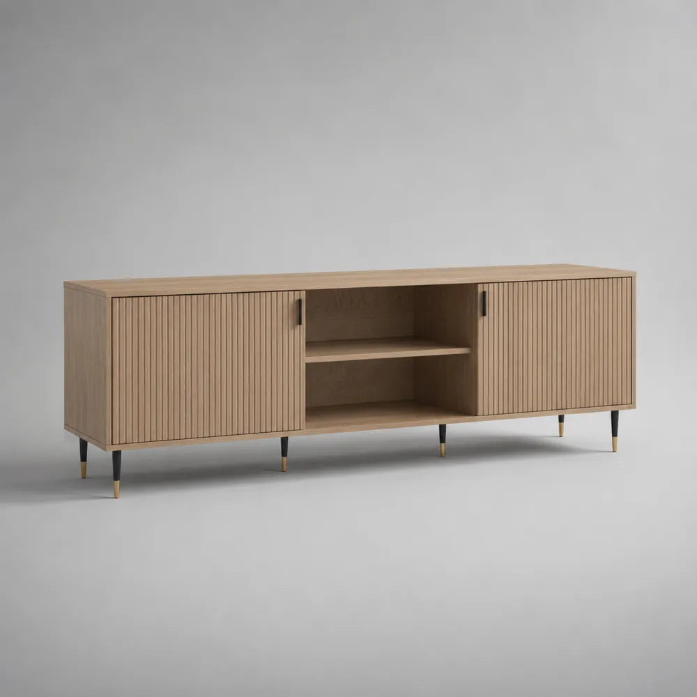 Mobile TV in MDF effetto rovere chiaro con 2 ante e vano aperto struttura rettangolare 240x40x55 cm