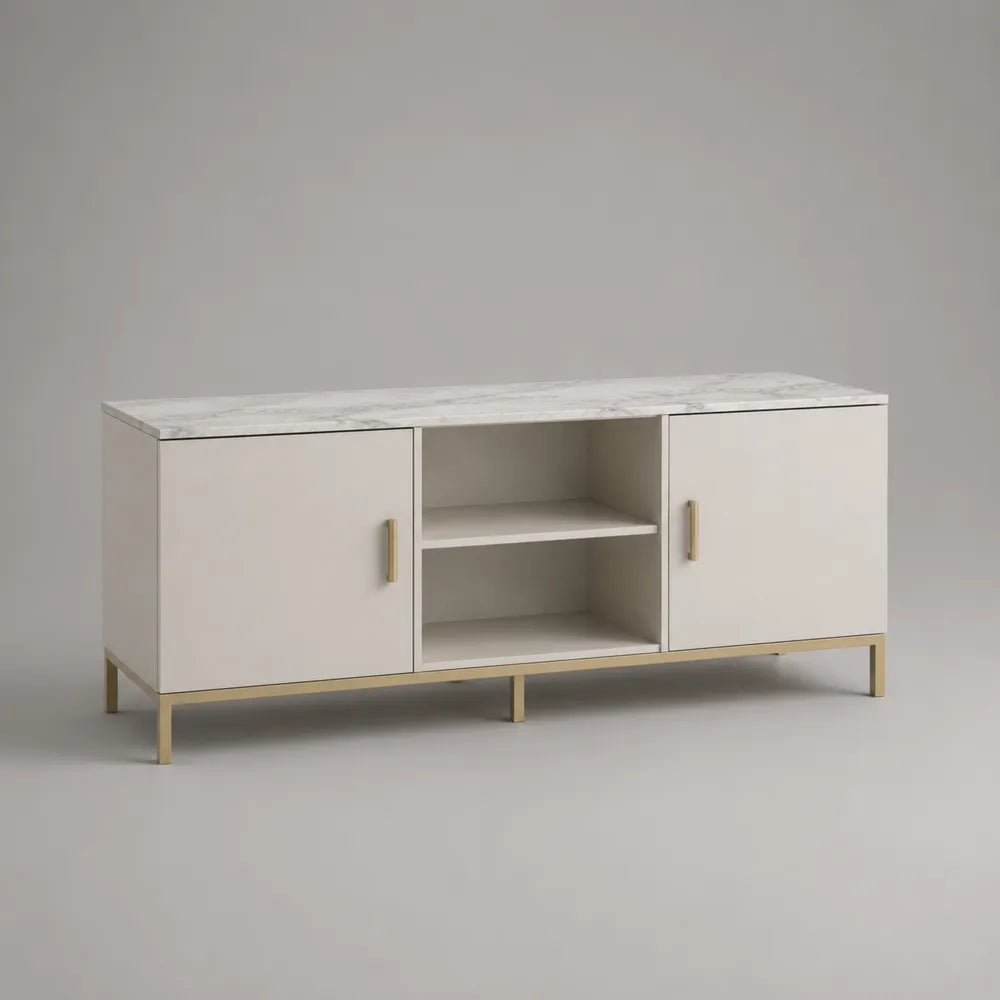 Mobile TV da soggiorno rettangolare in MDF con ante e vani aperti bianco oro 180 x 40 x 55 cm