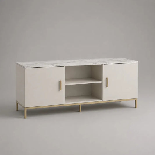 Mobile TV da soggiorno rettangolare in MDF con ante e vani aperti bianco oro 180 x 40 x 55 cm