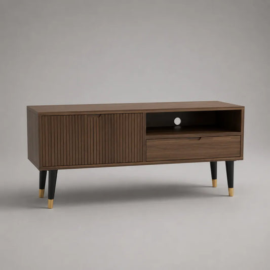 Mobile TV rettangolare in MDF marrone con ante cassetto e vano aperto 180x40x55 cm
