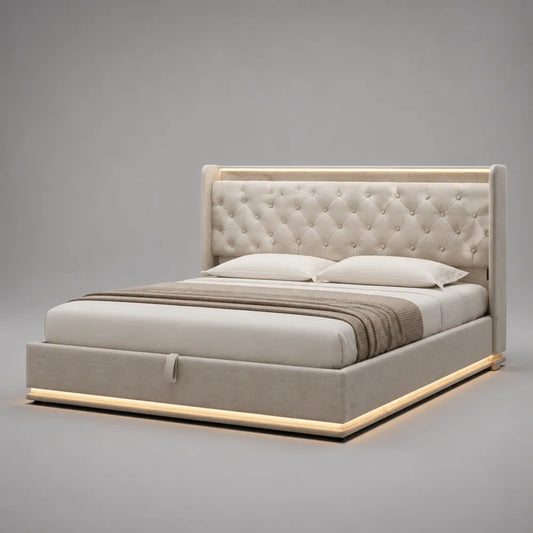 Letto contenitore matrimoniale imbottito con testiera capitonné e illuminazione LED beige 160x200 cm