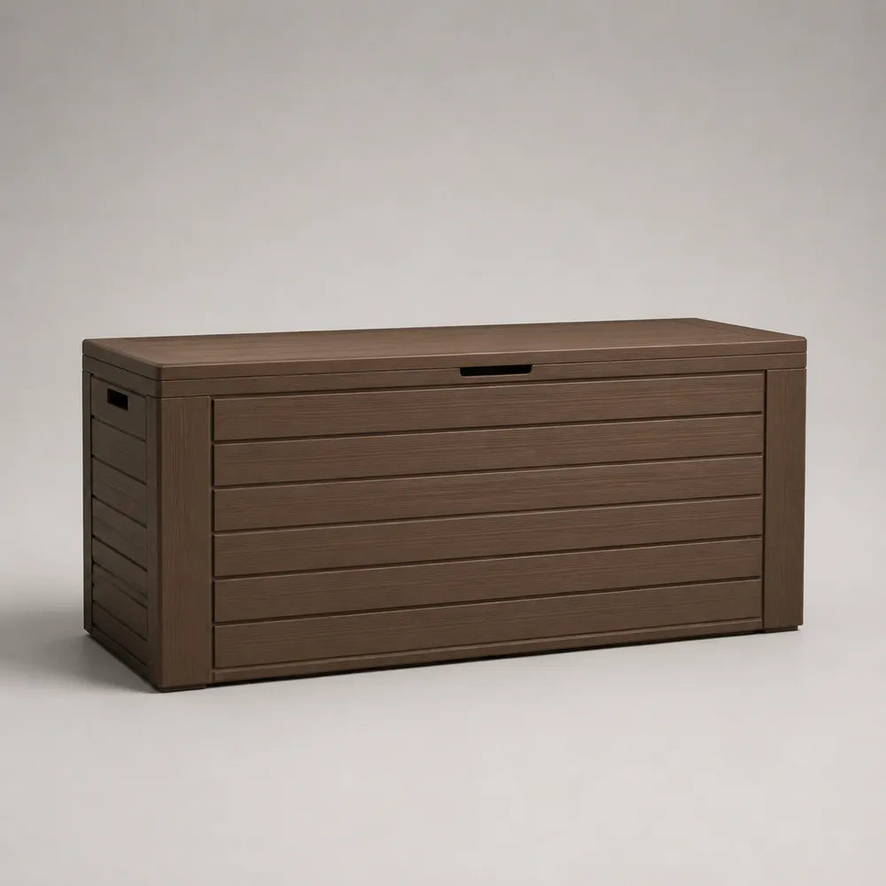 Baule da giardino in WPC effetto legno marrone contenitore rettangolare con coperchio 120 x 50 x 60 cm