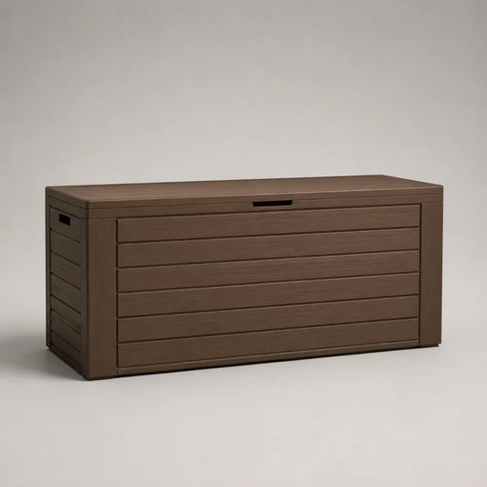 Baule da giardino in WPC effetto legno marrone contenitore rettangolare con coperchio 120 x 50 x 60 cm
