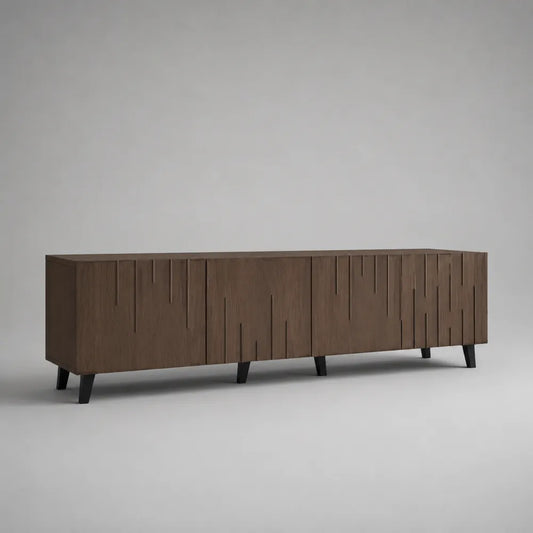 Mobile TV in MDF effetto noce marrone con 4 ante e gambe in metallo struttura rettangolare 240 x 40 x 50 cm