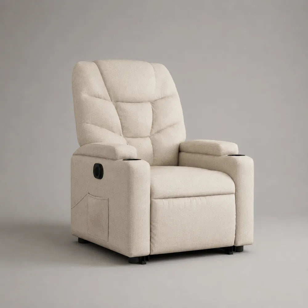 Poltrona relax reclinabile in tessuto bouclé beige con poggiapiedi estensibile e tasca laterale 80 x 90 x 105 cm