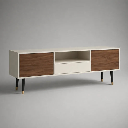 Mobile TV da soggiorno rettangolare in MDF con ante cassetto e vano aperto bianco noce 220 x 40 x 55 cm