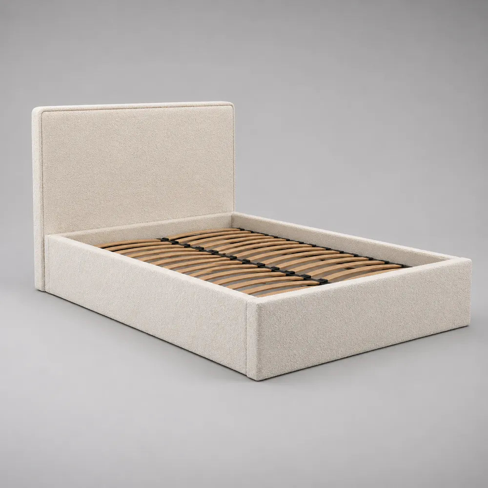 Letto contenitore matrimoniale imbottito in tessuto bouclé beige con rete a doghe 160x200 cm