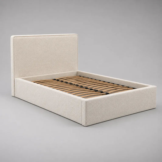 Letto contenitore matrimoniale imbottito in tessuto bouclé beige con rete a doghe 160x200 cm