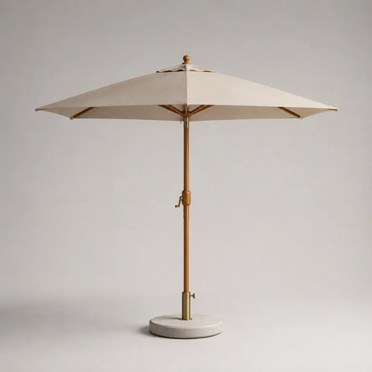 Ombrellone da giardino rotondo in poliestere beige con struttura in legno e base in cemento 300 cm