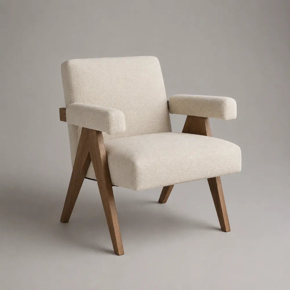 Poltrona imbottita in tessuto bouclé beige con braccioli e gambe in legno 75 x 80 x 85 cm