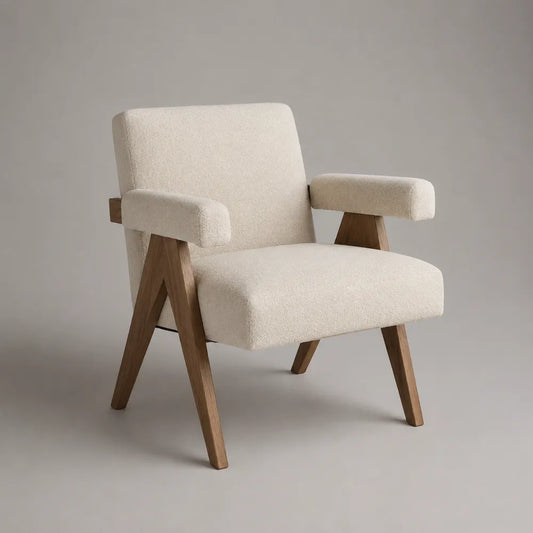 Poltrona imbottita in tessuto bouclé beige con braccioli e gambe in legno 75 x 80 x 85 cm