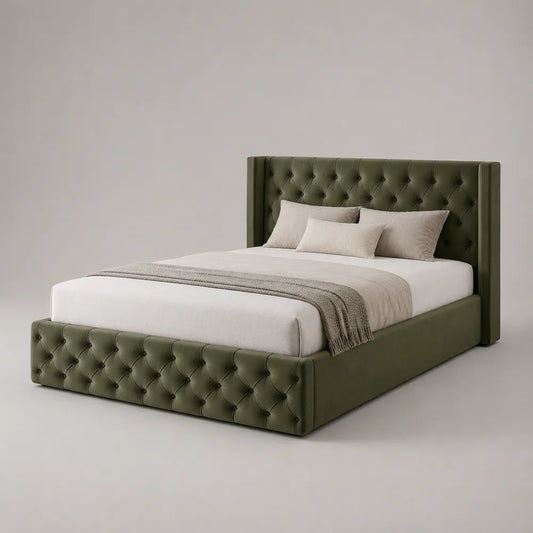 Letto contenitore matrimoniale imbottito in tessuto verde con testiera capitonné 160 x 200 cm