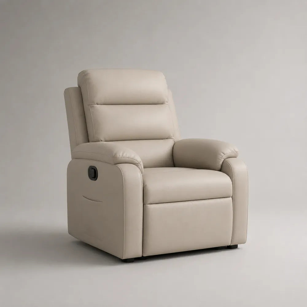 Poltrona relax reclinabile in tessuto effetto pelle beige con poggiapiedi estensibile e tasca laterale 80 x 90 x 105 cm