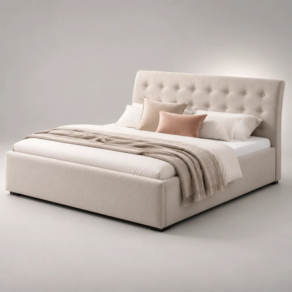 Letto matrimoniale imbottito con testiera trapuntata in tessuto beige 180x200 cm