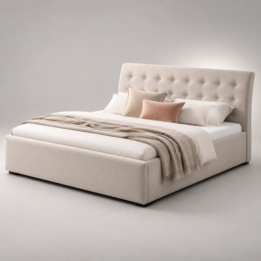 Letto matrimoniale imbottito con testiera trapuntata in tessuto beige 180x200 cm