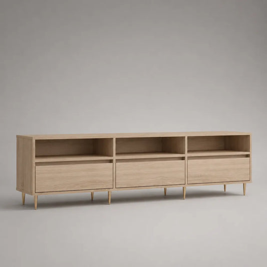 Mobile TV rettangolare in MDF rovere chiaro con 3 cassetti e vani aperti 240x40x55 cm