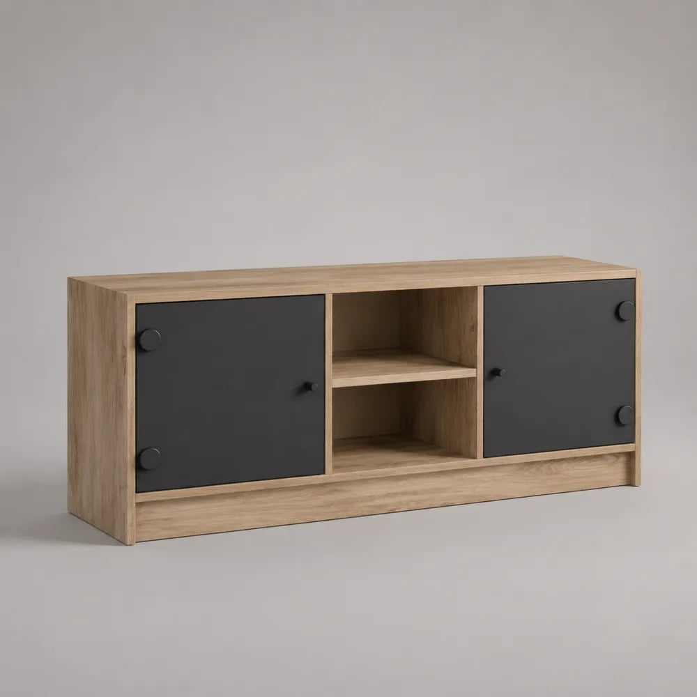 Mobile TV in MDF effetto rovere chiaro con ante nere e vani aperti struttura rettangolare 180 x 40 x 55 cm