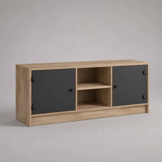 Mobile TV in MDF effetto rovere chiaro con ante nere e vani aperti struttura rettangolare 180 x 40 x 55 cm