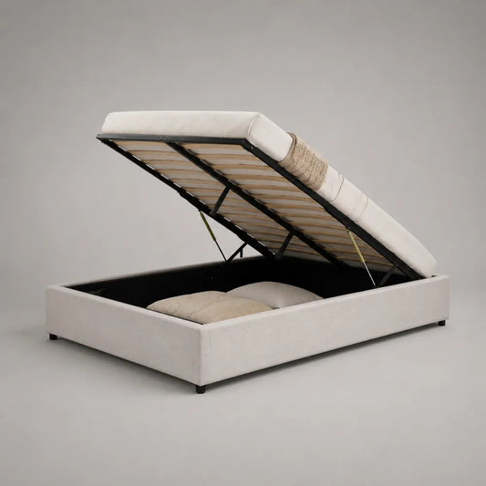 Letto matrimoniale contenitore imbottito beige con rete alzabile e rivestimento in poliestere 160 x 200 cm